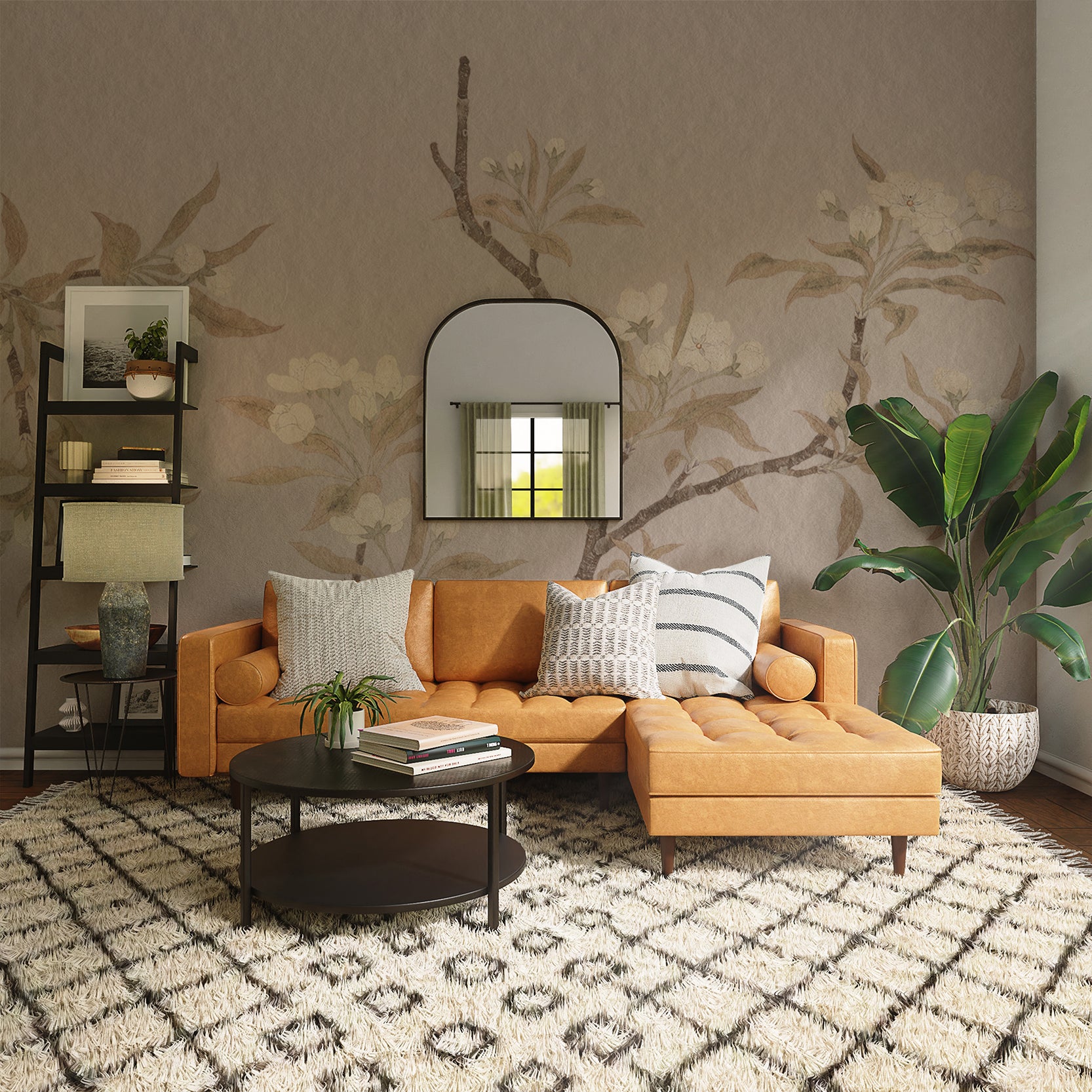 Hannah in Living room with Orange Couch, Shelving and Plant