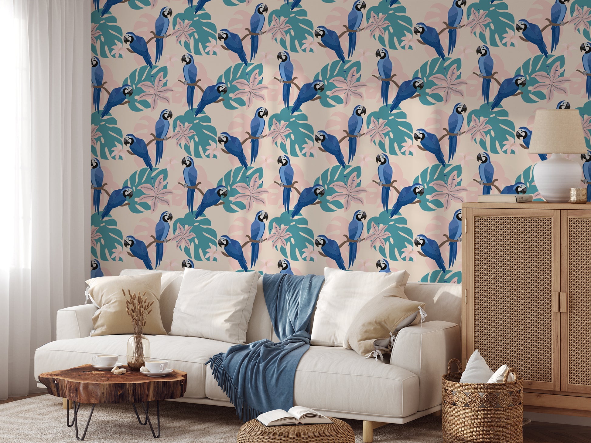 Madelyn - Tropical Parrots, Flowers & Monstera Leaves Wallpaper