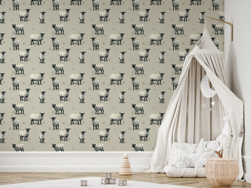 Mary Wallpaper In Nursery Room With White Tent & Wooden Toys