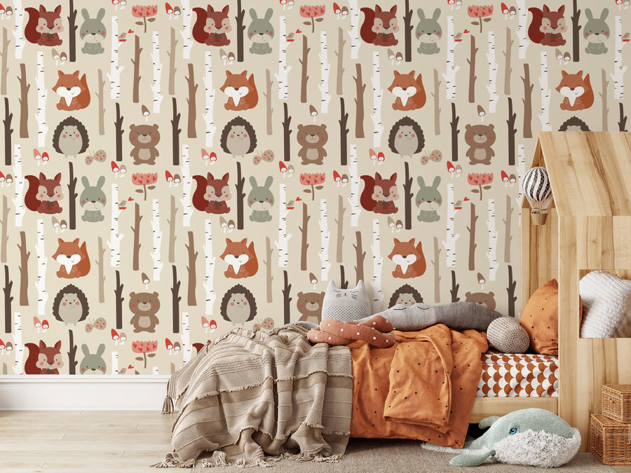 Saanvi - Illustrated Woodland Animals and Trees Wallpaper
