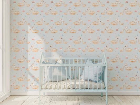Tealia Wallpaper In Bright Natural Lit Nursery With Baby Blue Cot With Light Blue Pillows