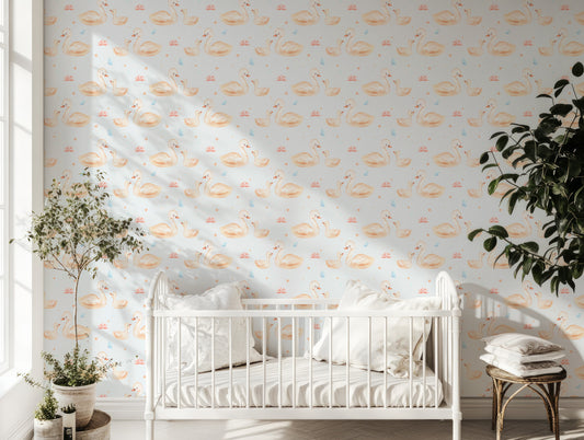 Tealia Wallpaper In Nursery With White Painted Wooden Cot With Dark Plants Either Side