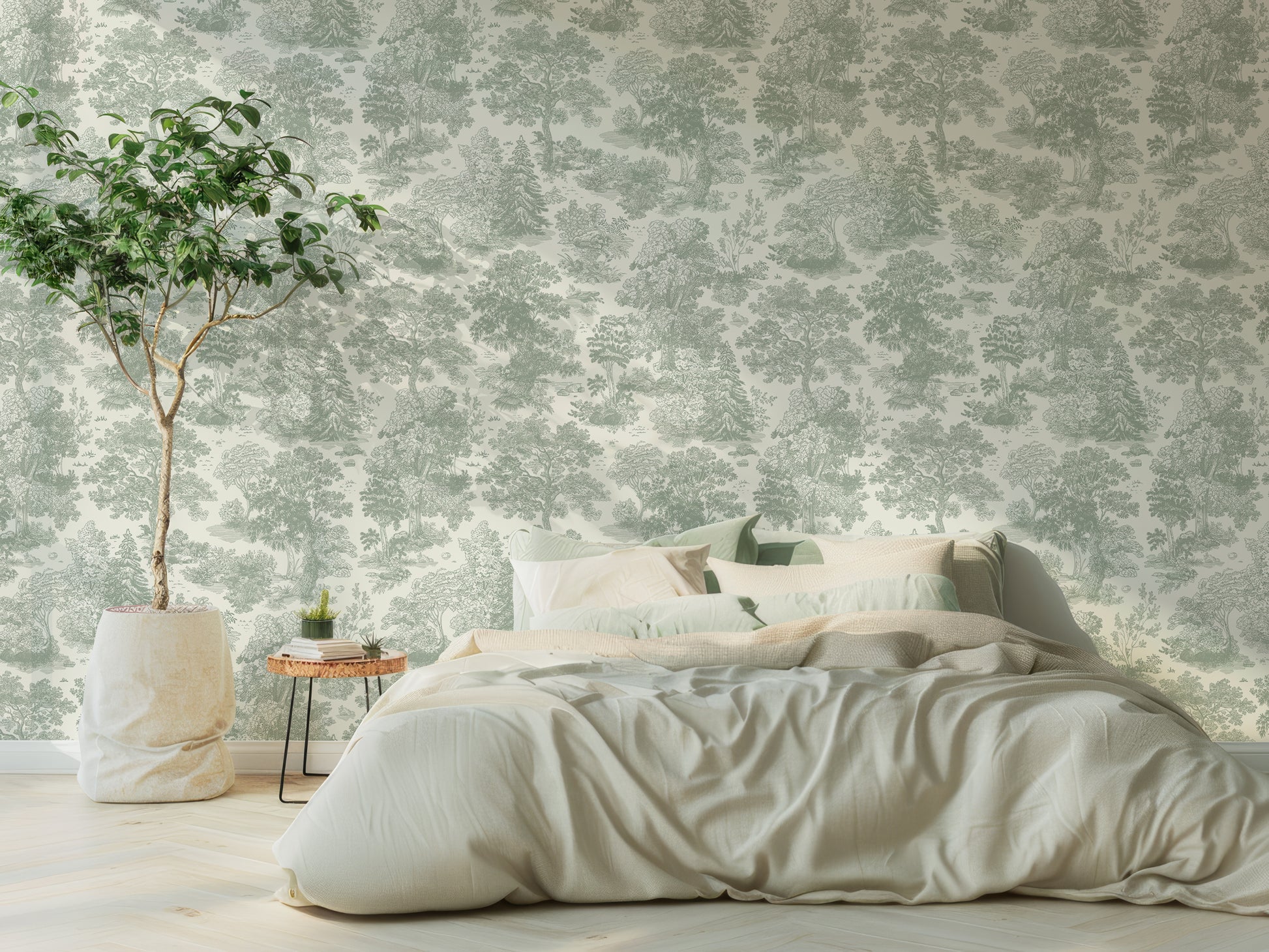 Willow Wallpaper In Bedroom With Sage Green Bed And Small Green Tree In White Pot Next To It