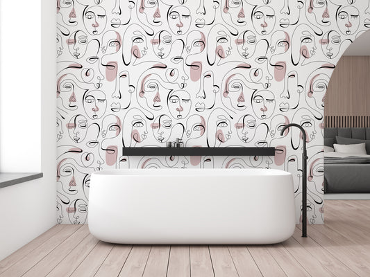 Akari Abstract Face Line Art Wallpaper in Bathroom