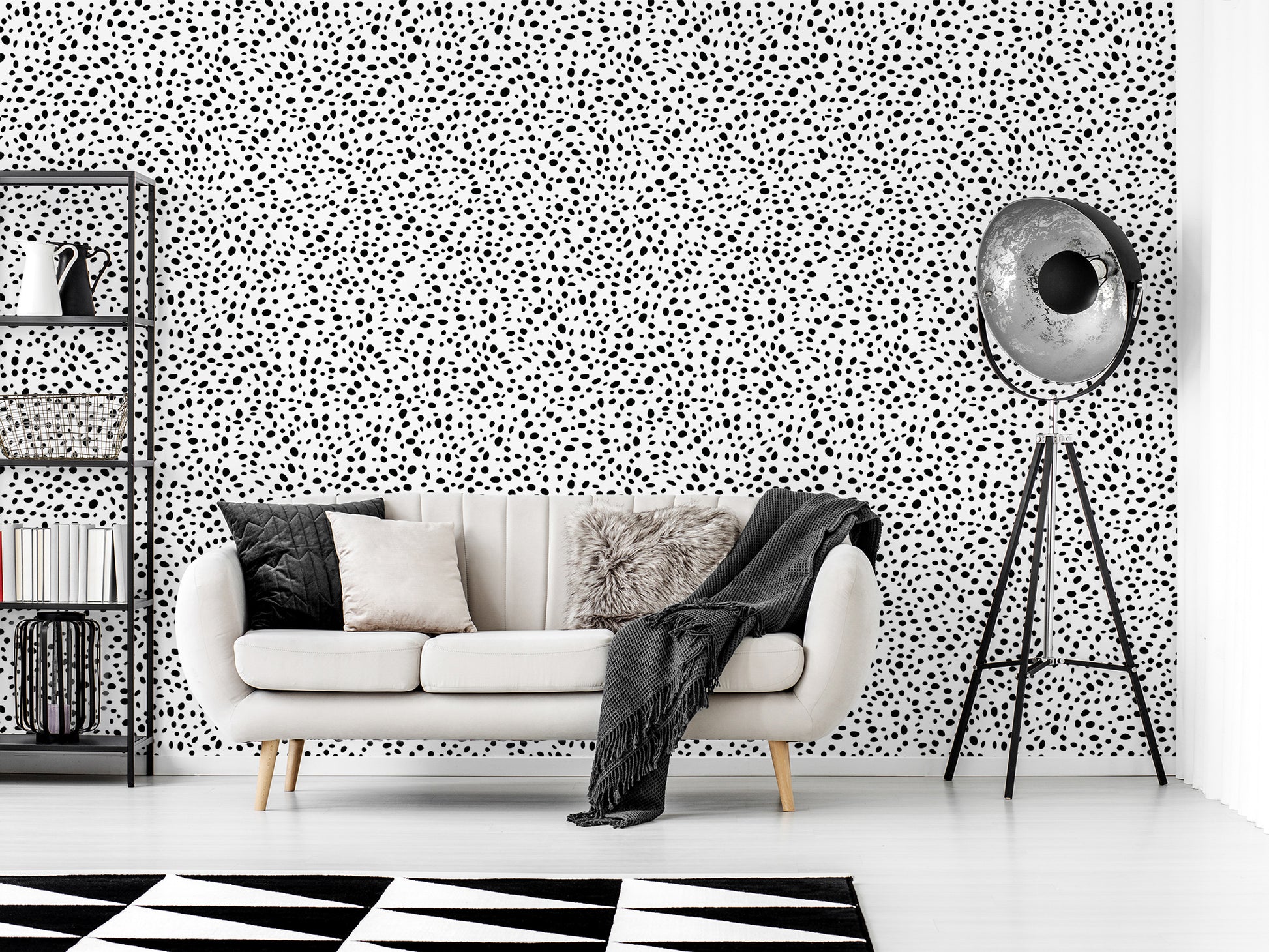 Perdita Living Room with Black Lampshade and Black Shelf