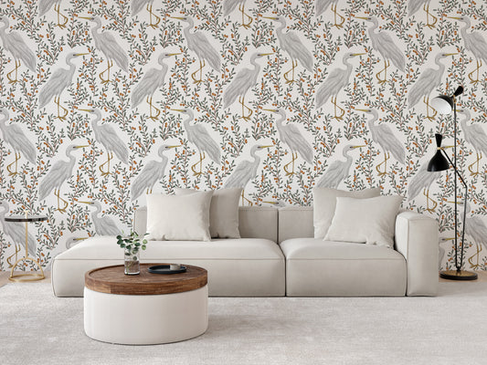 white and green wallpaper featuring cranes in a living room